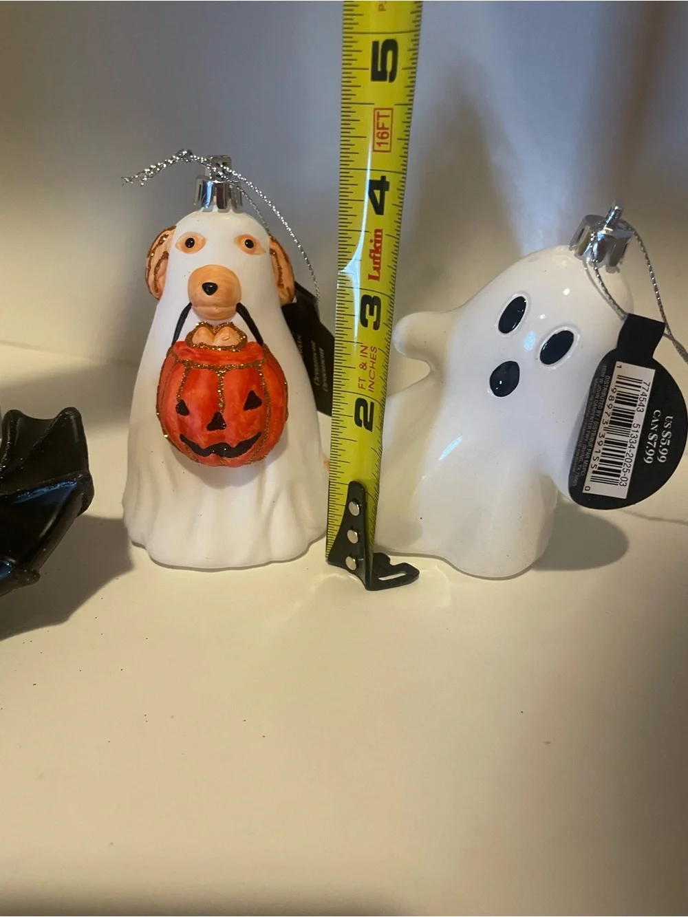 Halloween Bat, Dog and Ghost Ornaments - Black, White, Orange, Silver, Set of 4
